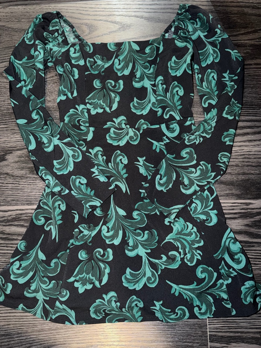 Abercrombie & Fitch Black Top with Teal Scroll Print